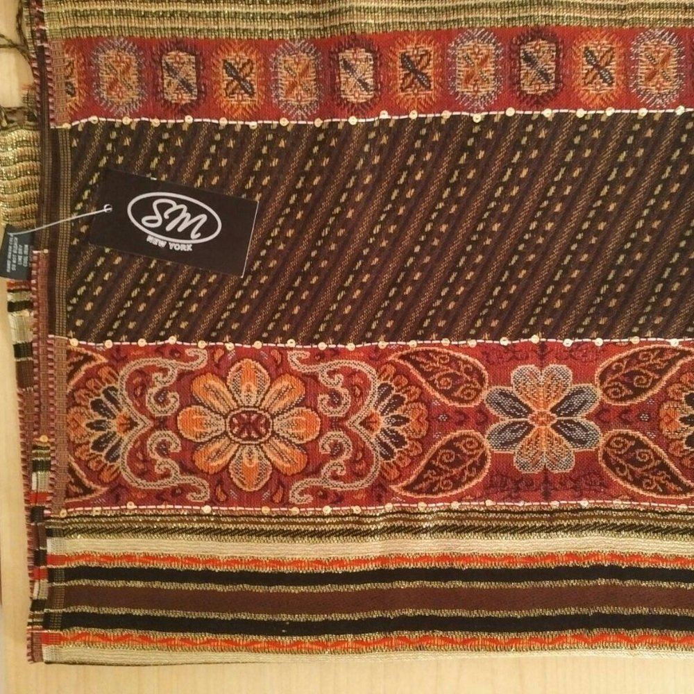 NEW Pashmina Scarf/Wrap in Gold, Cinnamon & Brown, Sequin Trim; Fringed Edges